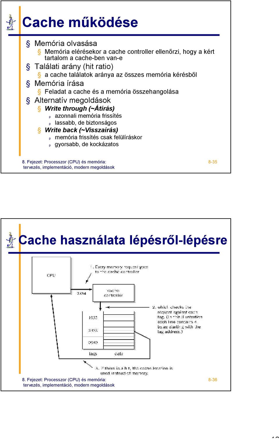 összehangolása Alternatív megoldások Write through (~Átírás) p azonnali memória frissítés p lassabb, de biztonságos Write