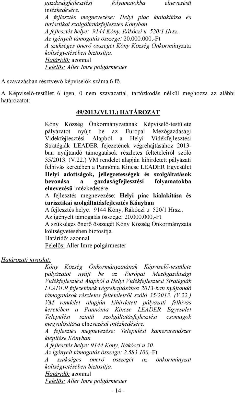 000,-Ft A szükséges önerő összegét Kóny Község Önkormányzata költségvetésében biztosítja. A Képviselő-testület 6 igen, 0 nem szavazattal, tartózkodás nélkül meghozza az alábbi 49/2013.(VI.11.