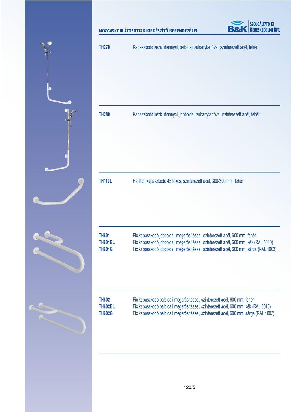 szinterezett acél, 600 mm, kék (RAL 5010) TH601G Fix kapaszkodó jobboldali megerősítéssel, szinterezett acél, 600 mm, sárga (RAL 1003) TH602 Fix kapaszkodó baloldali megerősítéssel,