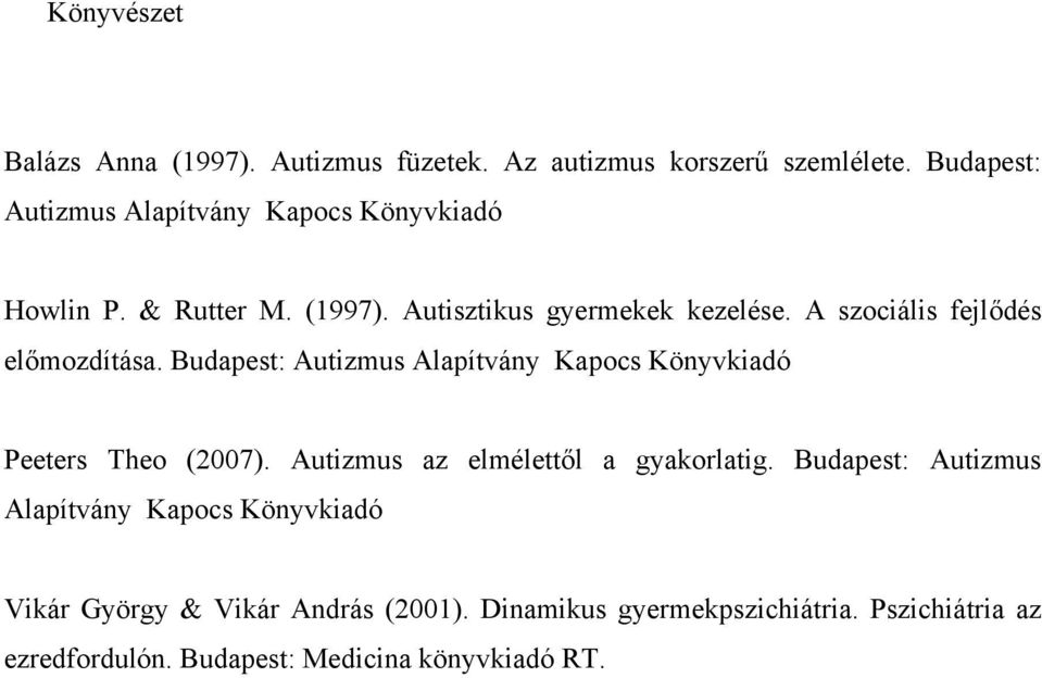 A szociális fejlődés előmozdítása. Budapest: Autizmus Alapítvány Kapocs Könyvkiadó Peeters Theo (2007).