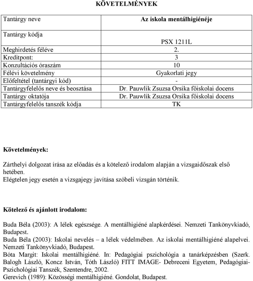 Elégtelen jegy esetén a vizsgajegy javítása szóbeli vizsgán történik. Buda Béla (2003): A lélek egészsége. A mentálhigiéné alapkérdései.