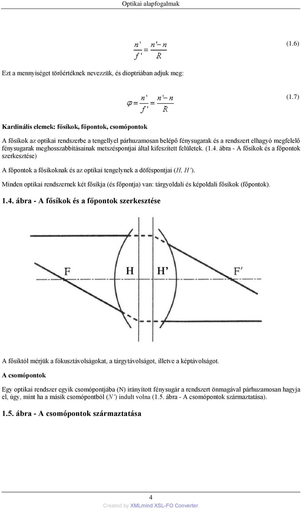 metszéspontjai által kifeszített felületek. (1.4. ábra - A fősíkok és a főpontok szerkesztése) A főpontok a fősíkoknak és az optikai tengelynek a döféspontjai (H, H ).