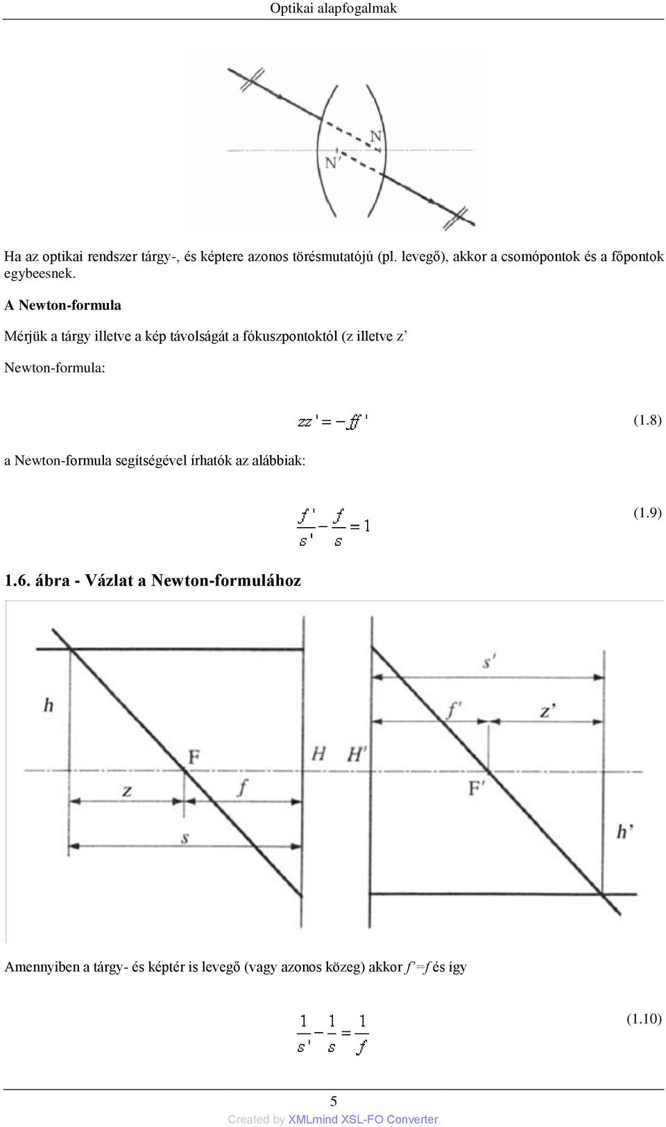 A Newton-formula Mérjük a tárgy illetve a kép távolságát a fókuszpontoktól (z illetve z Newton-formula: (1.