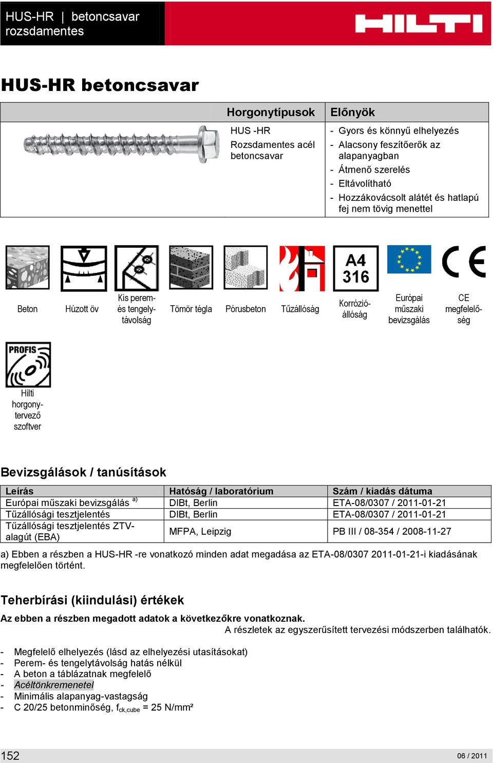 megfelelőség Hilti horgonytervező szoftver Bevizsgálások / tanúsítások Leírás Hatóság / laboratórium Szám / kiadás dátuma Európai műszaki bevizsgálás a) DIBt, Berlin ETA-08/0307 / 2011-01-21