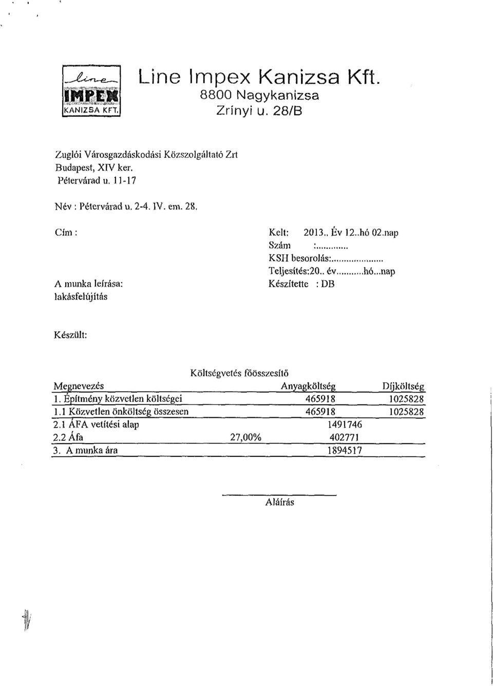 .. KSH besorolás: Teljesítés:20.. év hó...nap Készítette : DB Készült: Költségvetés főösszesítő Megnevezés Anyagköltség 1.