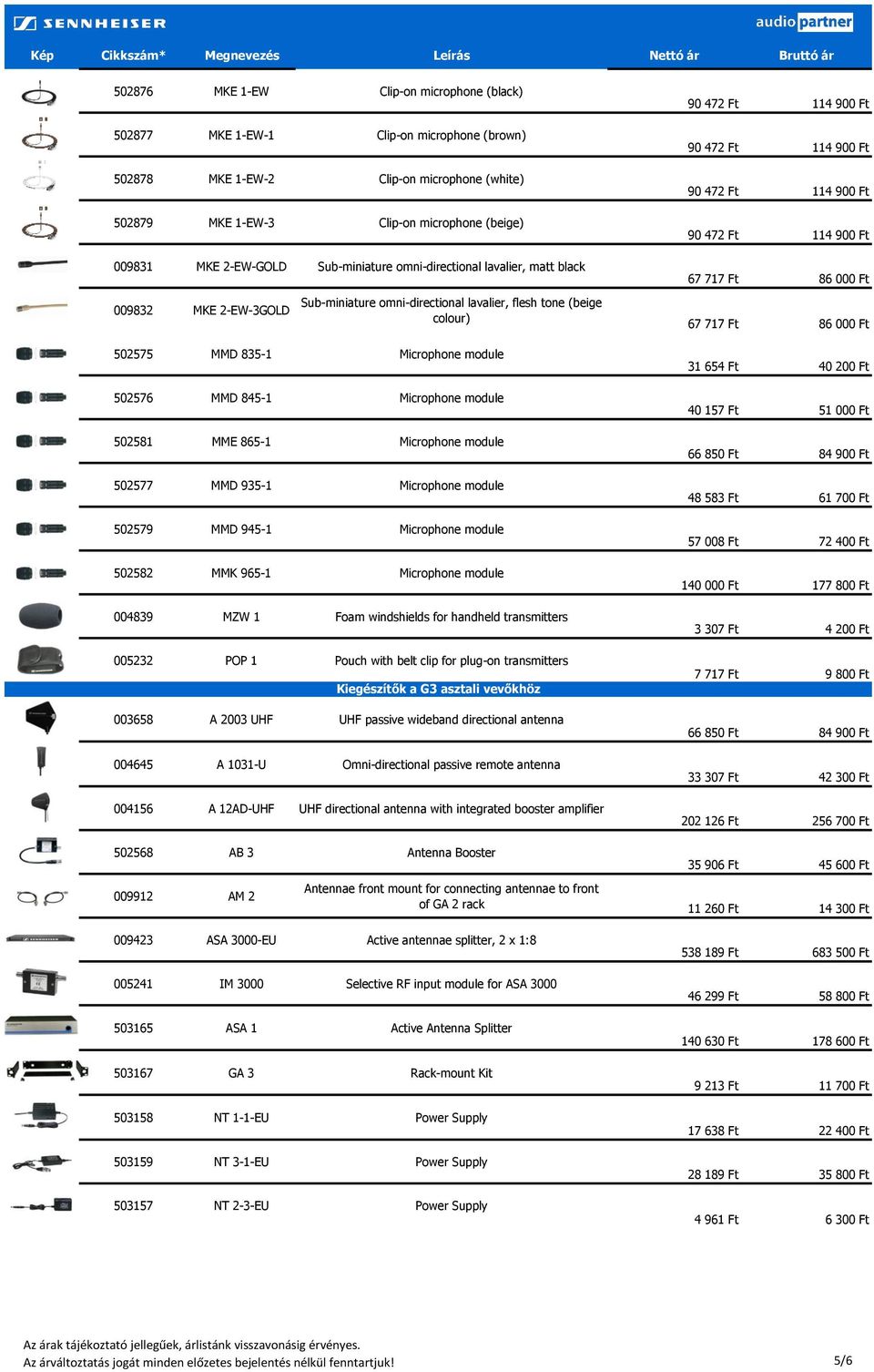 Microphone module 502581 MME 865-1 Microphone module 502577 MMD 935-1 Microphone module 502579 MMD 945-1 Microphone module 502582 MMK 965-1 Microphone module 004839 MZW 1 Foam windshields for