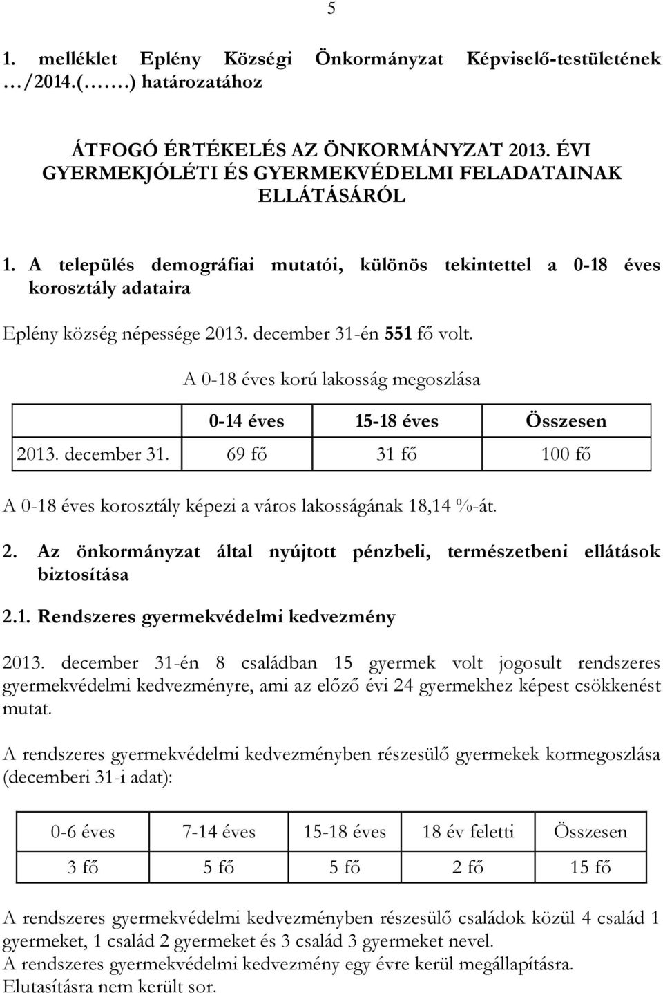 A 0-18 éves korú lakosság megoszlása 0-14 éves 15-18 éves Összesen 2013. december 31. 69 fő 31 fő 100 fő A 0-18 éves korosztály képezi a város lakosságának 18,14 %-át. 2. Az önkormányzat által nyújtott pénzbeli, természetbeni ellátások biztosítása 2.