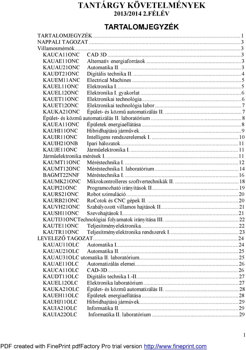 ..6 KAUET11ONC Elektronikai technológia...6 KAUET12ONC Elektronikai technológia labor...7 KAUKA21ONC Épület- és közmű automatizálás II...7 Épület- és közmű automatizálás II. laboratórium.