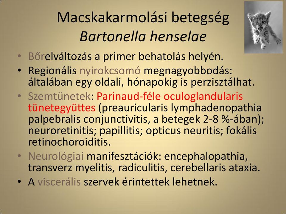 Szemtünetek: Parinaud-féle oculoglandularis tünetegyüttes (preauricularis lymphadenopathia palpebralis conjunctivitis, a betegek 2-8