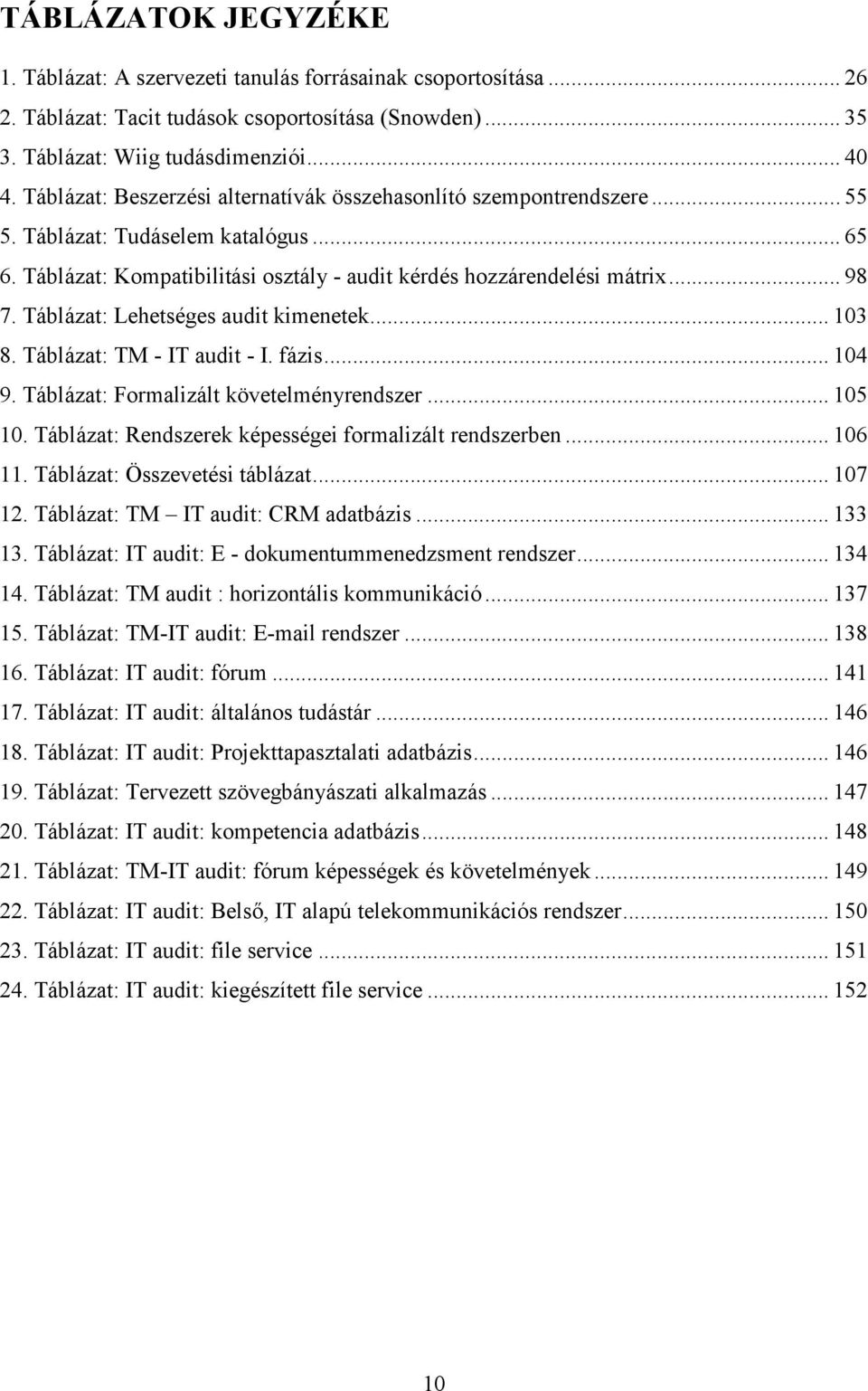 Táblázat: Lehetséges audit kimenetek... 103 8. Táblázat: TM - IT audit - I. fázis... 104 9. Táblázat: Formalizált követelményrendszer... 105 10.