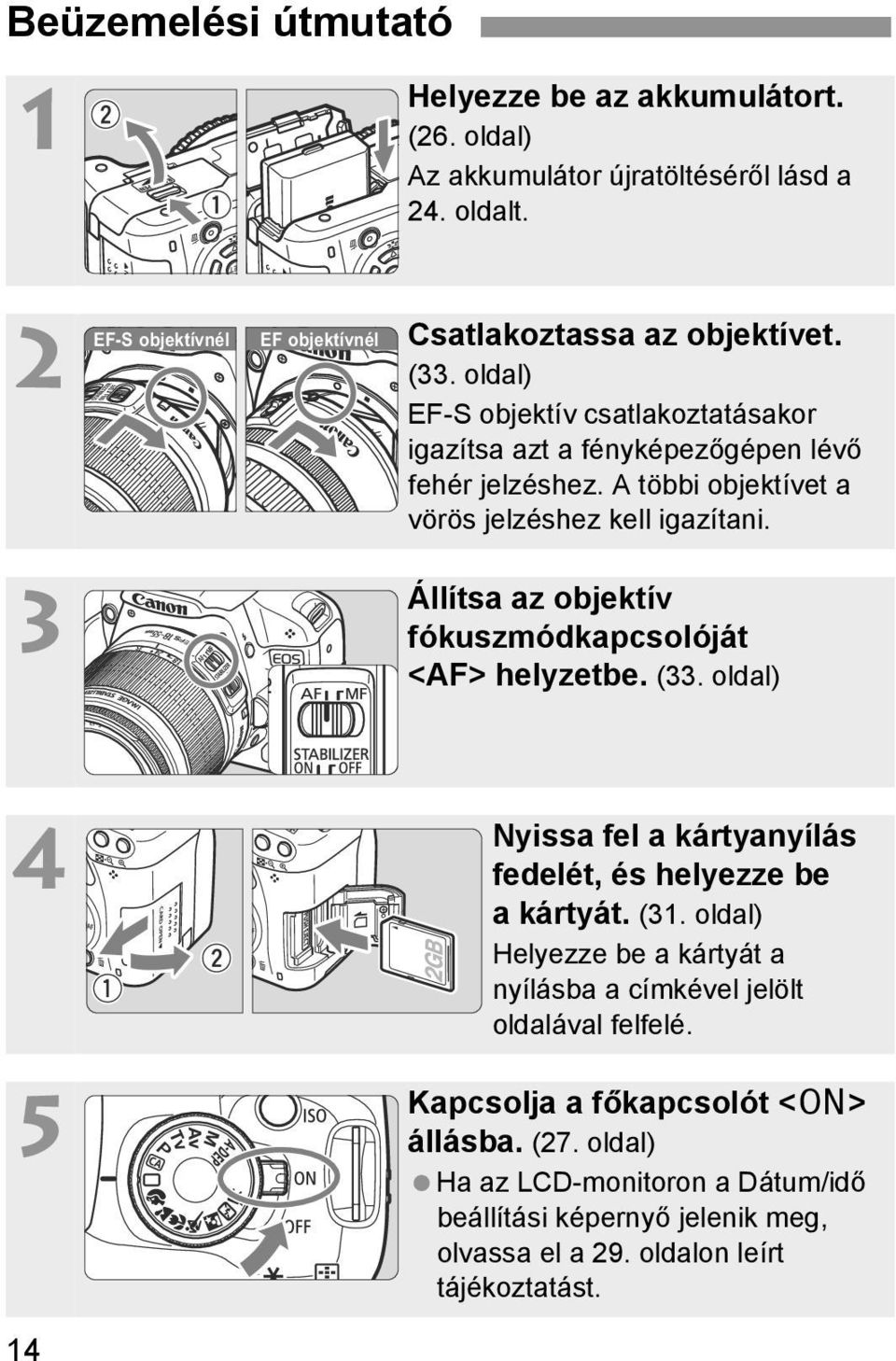 3 Állítsa az objetív fóuszmódapcsolóját <AF> helyzetbe. (33. oldal) 4 Nyissa fel a ártyanyílás fedelét, és helyezze be a ártyát. (31.