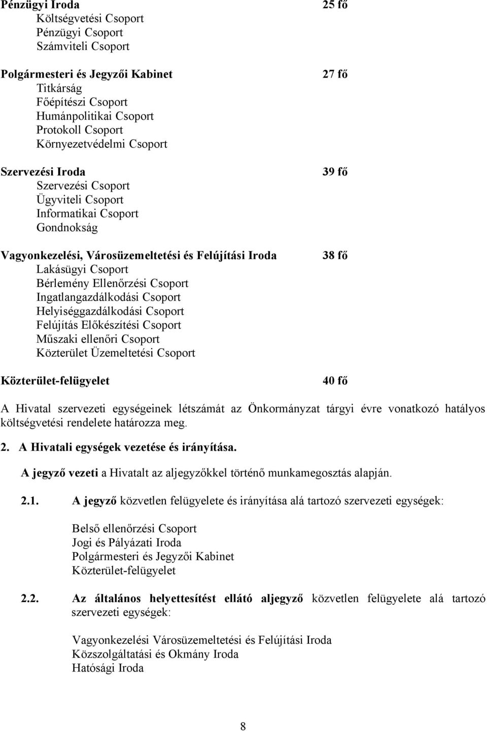 Ingatlangazdálkodási Csoport Helyiséggazdálkodási Csoport Felújítás Előkészítési Csoport Műszaki ellenőri Csoport Közterület Üzemeltetési Csoport Közterület-felügyelet 25 fő 27 fő 39 fő 38 fő 40 fő A
