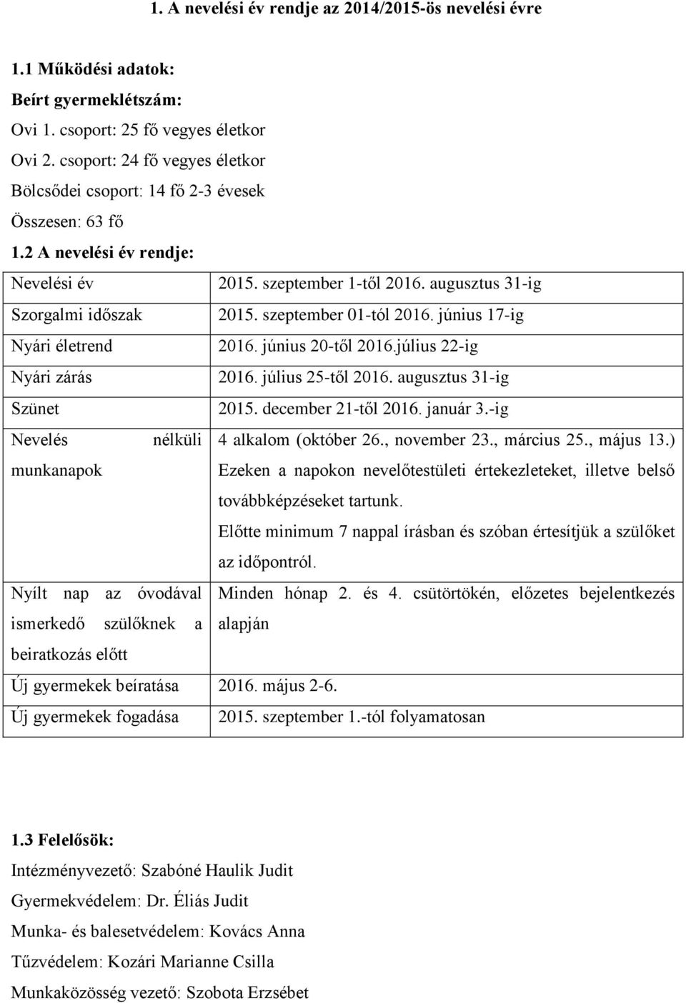 szeptember 01-tól 2016. június 17-ig Nyári életrend 2016. június 20-től 2016.július 22-ig Nyári zárás 2016. július 25-től 2016. augusztus 31-ig Szünet 2015. december 21-től 2016. január 3.