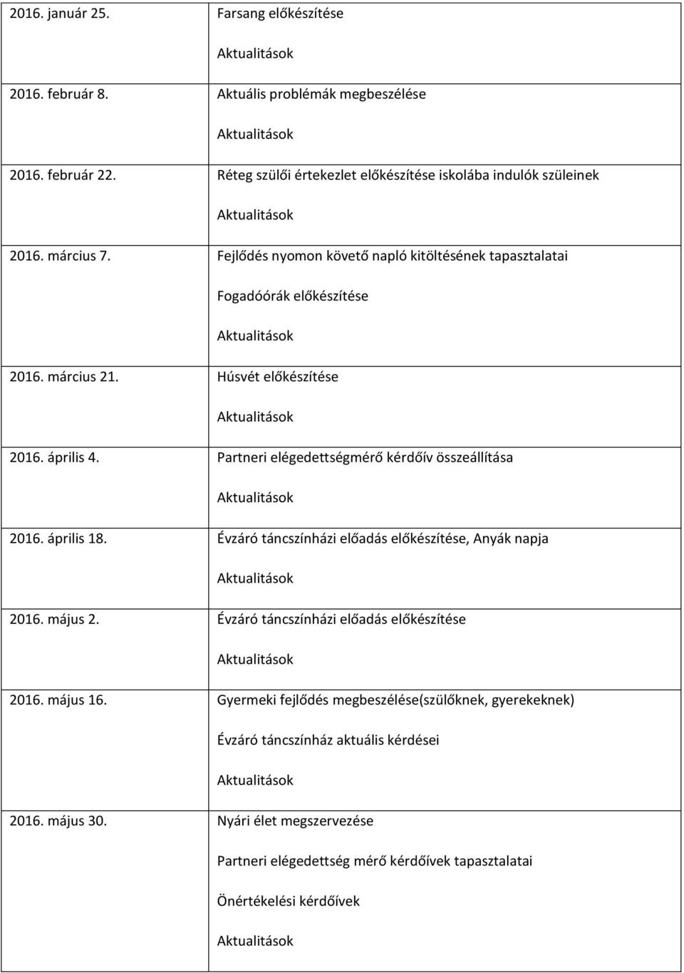 Partneri elégedettségmérő kérdőív összeállítása 2016. április 18. Évzáró táncszínházi előadás előkészítése, Anyák napja 2016. május 2.