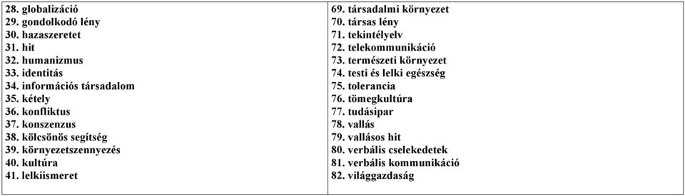 társadalmi környezet 70. társas lény 71. tekintélyelv 72. telekommunikáció 73. természeti környezet 74.