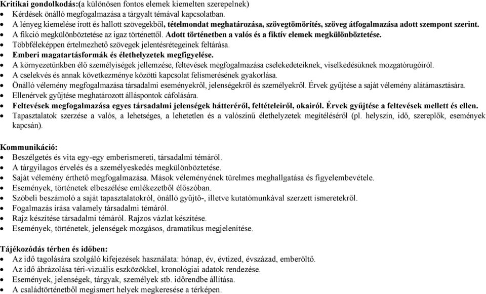 Adott történetben a valós és a fiktív elemek megkülönböztetése. Többféleképpen értelmezhető szövegek jelentésrétegeinek feltárása. Emberi magatartásformák és élethelyzetek megfigyelése.