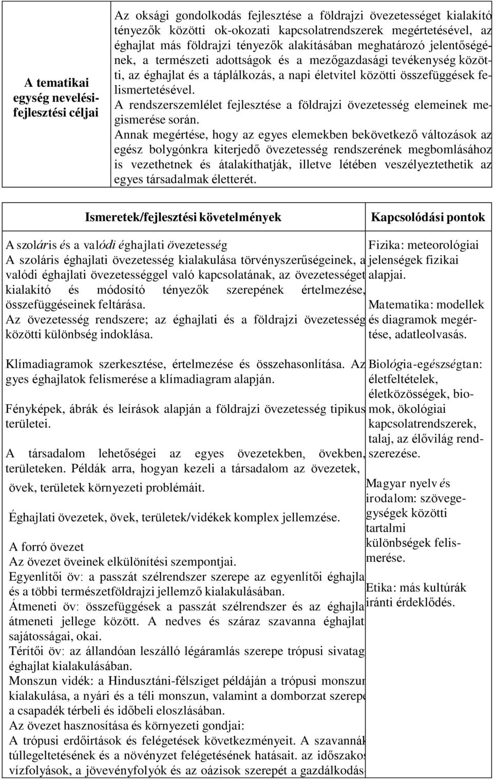 felismertetésével. A rendszerszemlélet fejlesztése a földrajzi övezetesség elemeinek megismerése során.