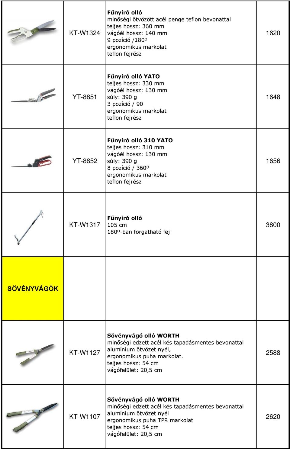 pozíció / 360º ergonomikus markolat teflon fejrész 1656 KT-W1317 Fűnyíró olló 105 cm 180º-ban forgatható fej 3800 SÖVÉNYVÁGÓK KT-W1127 Sövényvágó olló WORTH minőségi edzett acél kés tapadásmentes