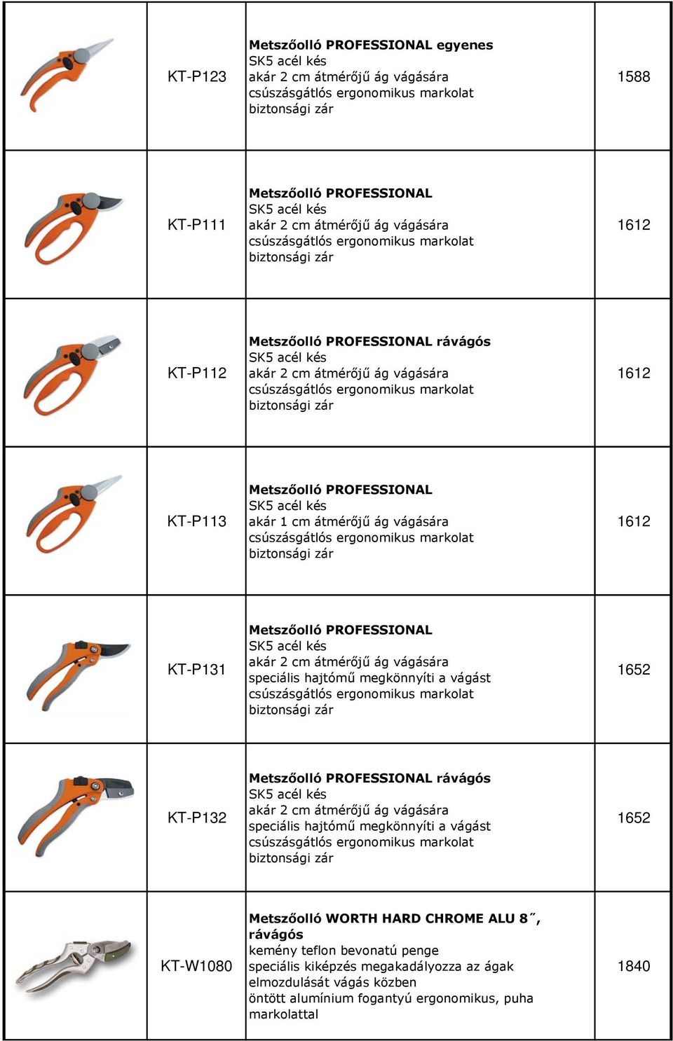 biztonsági zár 1612 KT-P113 Metszőolló PROFESSIONAL SK5 acél kés akár 1 cm átmérőjű ág vágására csúszásgátlós ergonomikus markolat biztonsági zár 1612 KT-P131 Metszőolló PROFESSIONAL SK5 acél kés