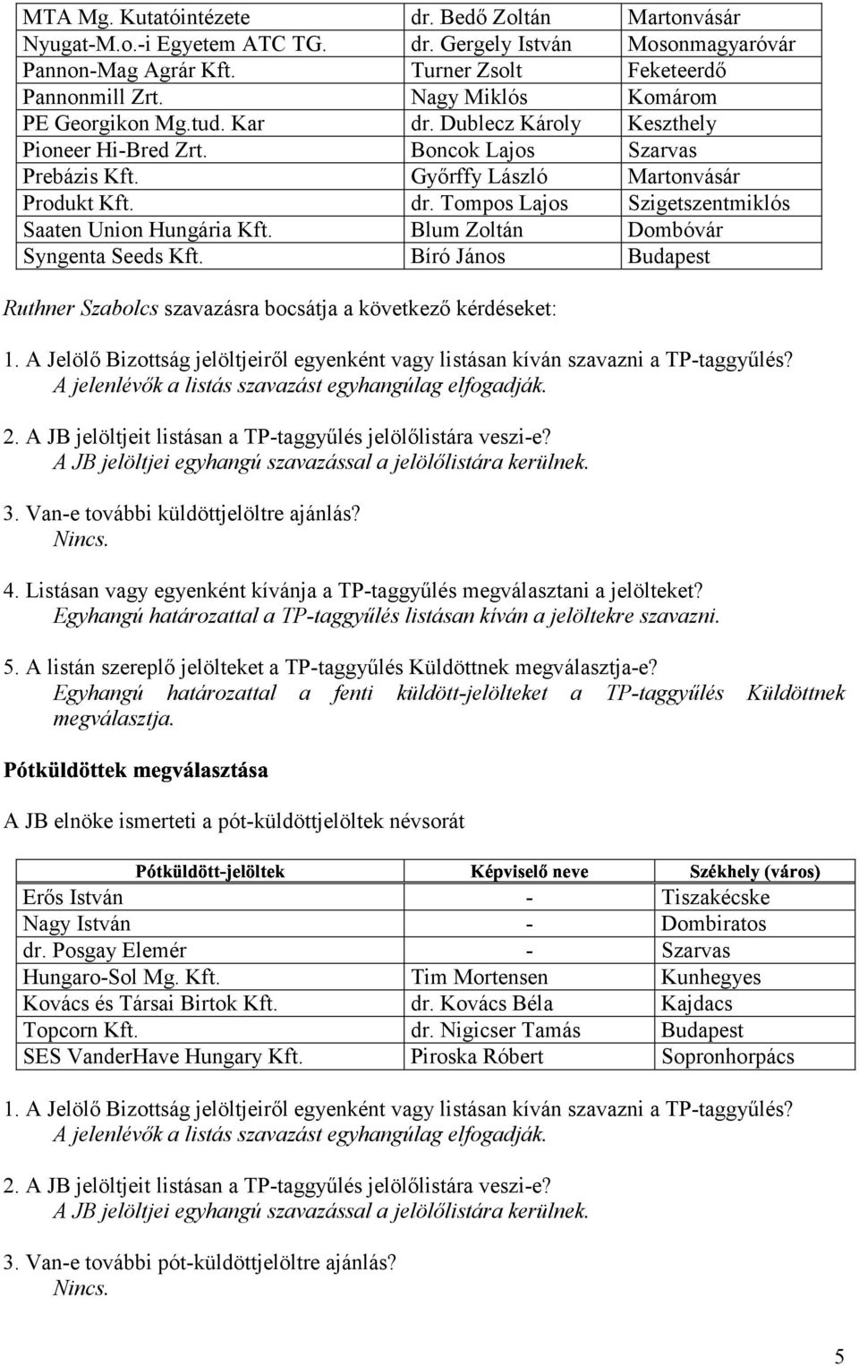 Blum Zoltán Dombóvár Syngenta Seeds Kft. Bíró János Budapest Ruthner Szabolcs szavazásra bocsátja a következő kérdéseket: 2. A JB jelöltjeit listásan a TP-taggyűlés jelölőlistára veszi-e?