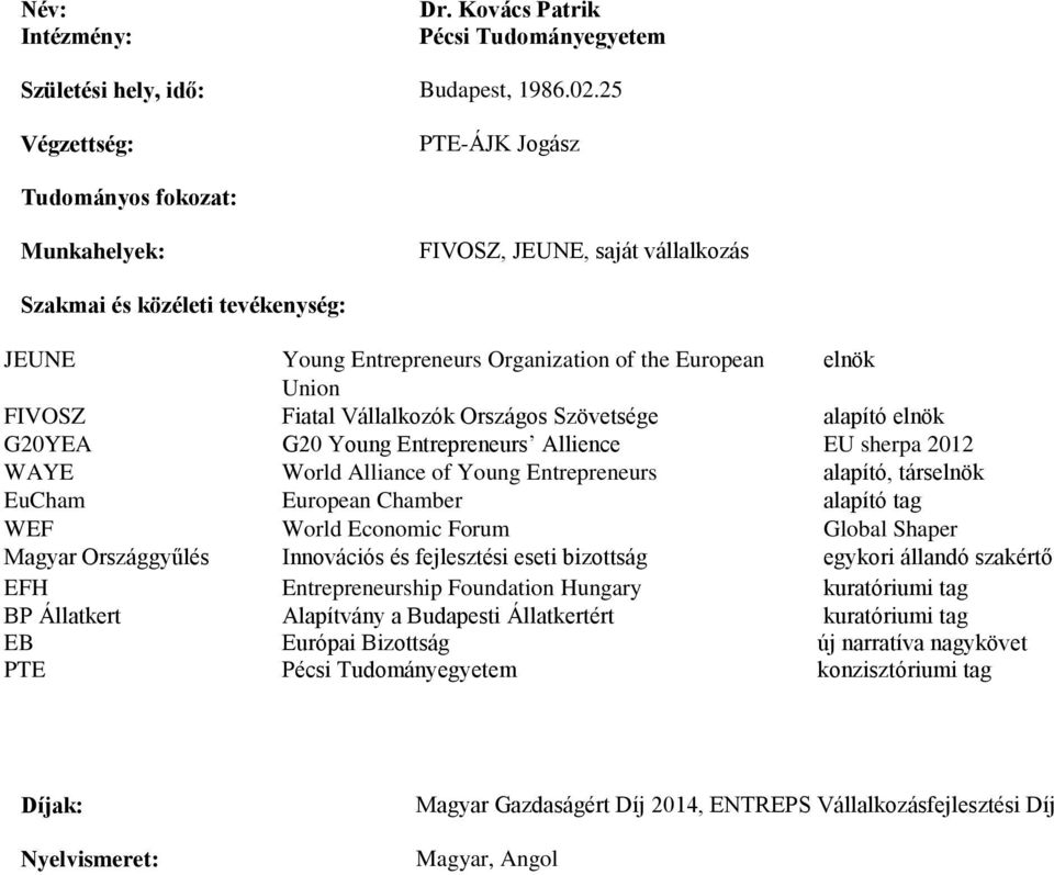Vállalkozók Országos Szövetsége elnök alapító elnök G20YEA G20 Young Entrepreneurs Allience EU sherpa 2012 WAYE World Alliance of Young Entrepreneurs alapító, társelnök EuCham European Chamber