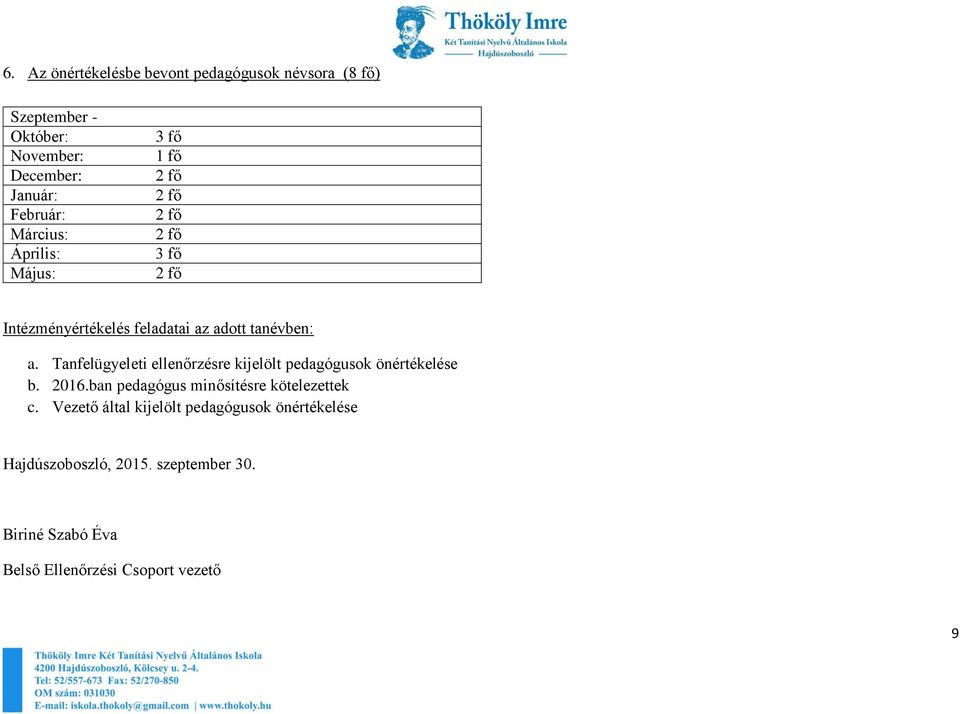 Tanfelügyeleti ellenőrzésre kijelölt pedagógusok önértékelése b. 2016.ban pedagógus minősítésre kötelezettek c.