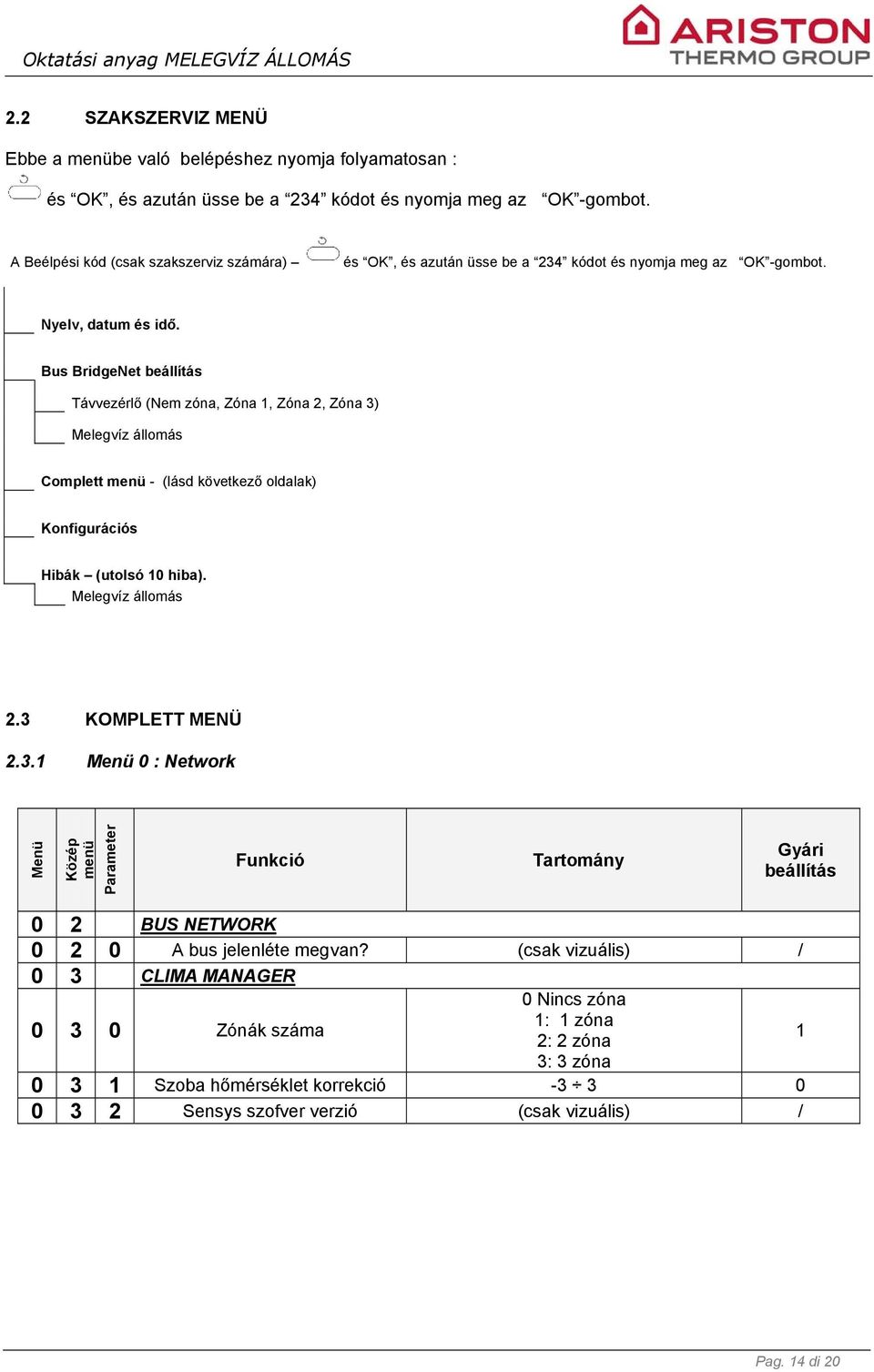 Bus BridgeNet beállítás Távvezérlő (Nem zóna, Zóna 1, Zóna 2, Zóna 3) Melegvíz állomás Complett menü - (lásd következő oldalak) Konfigurációs Hibák (utolsó 10 hiba). Melegvíz állomás 2.