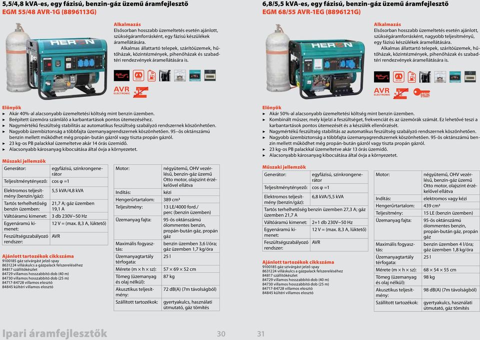 6,8/5,5 kva-es, egy fázisú, benzin-gáz üzemű áramfejlesztő EGM 68/55-1EG (8896121G) Elsősorban hosszabb üzemeltetés esetén ajánlott, szükségáramforrásként, nagyobb teljesítményű, egy fázisú