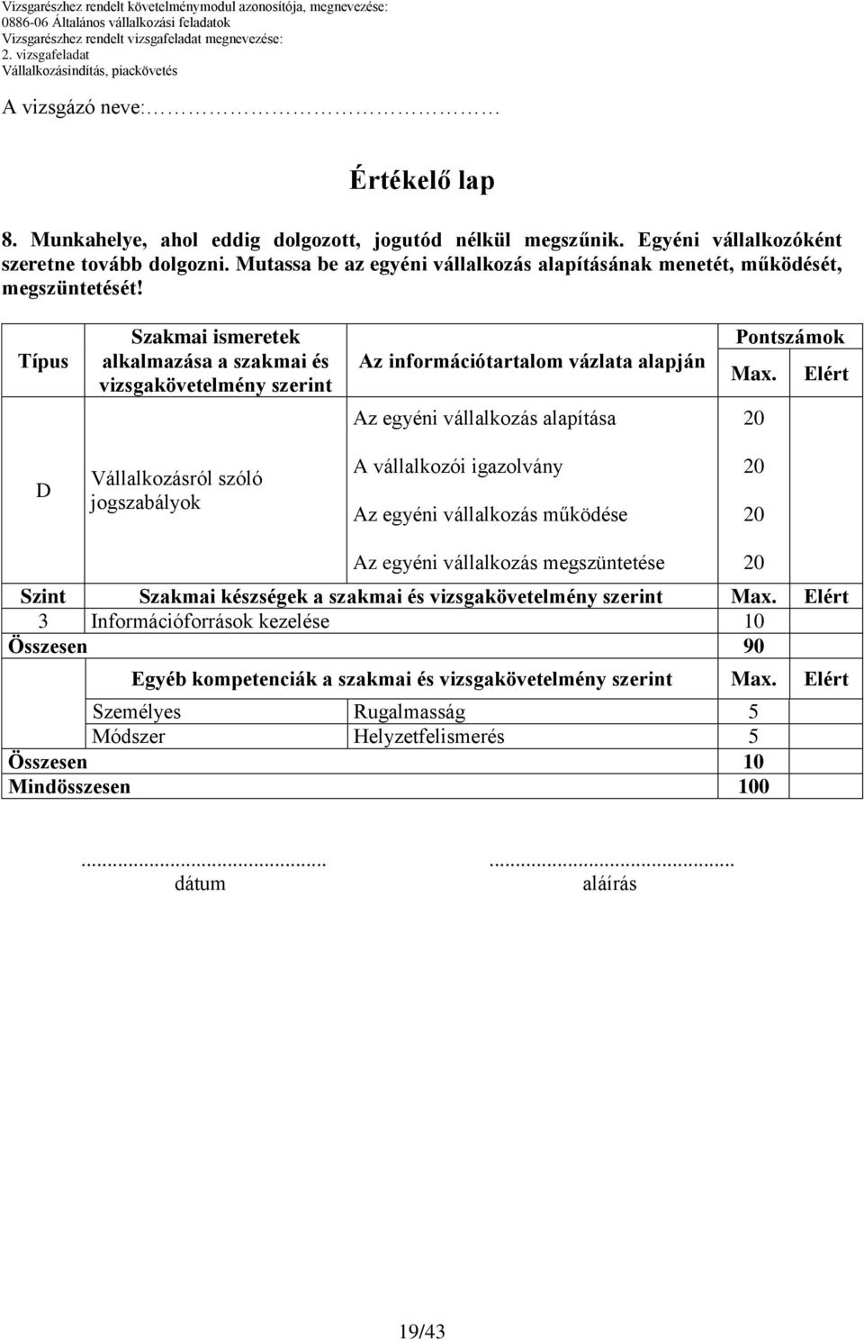 Típus Szakmai ismeretek alkalmazása a szakmai és vizsgakövetelmény szerint Az információtartalom vázlata alapján Pontszámok Max.