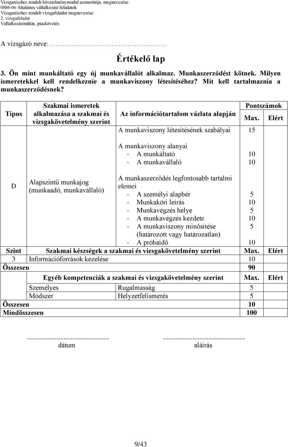 Típus Szakmai ismeretek alkalmazása a szakmai és vizsgakövetelmény szerint Az információtartalom vázlata alapján A munkaviszony létesítésének szabályai Pontszámok Max.