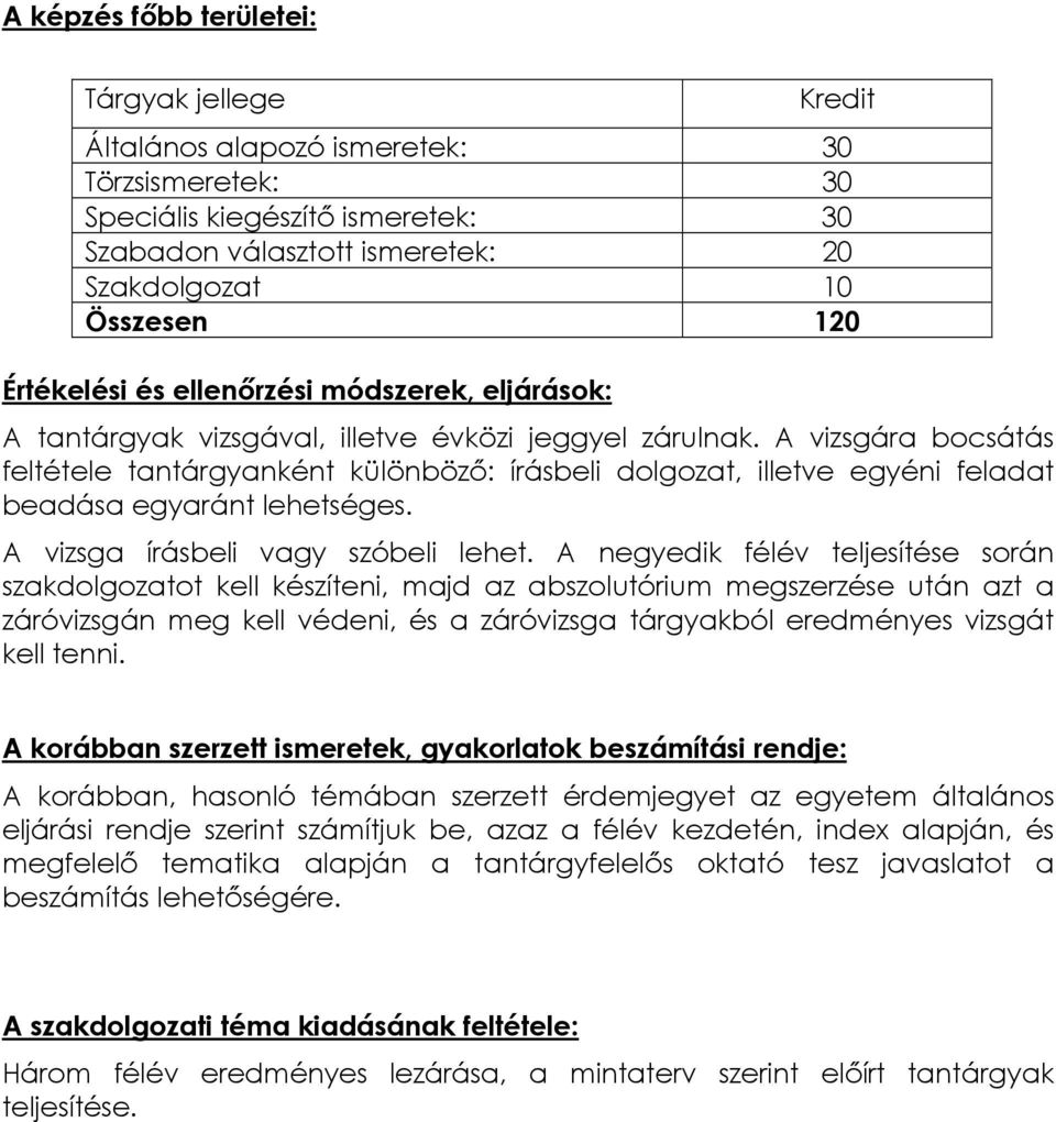 A vizsgára bocsátás feltétele tantárgyanként különböző: írásbeli dolgozat, illetve egyéni feladat beadása egyaránt lehetséges. A vizsga írásbeli vagy szóbeli lehet.