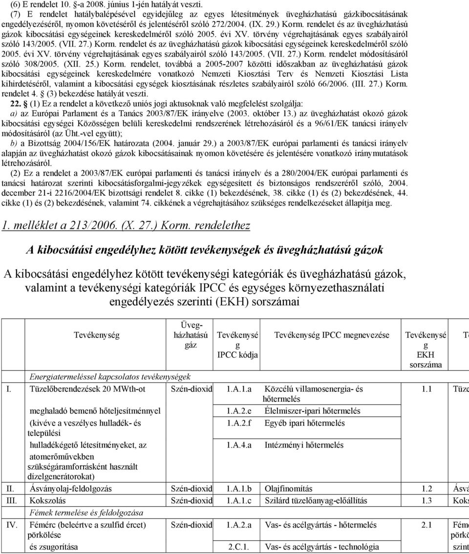 rendelet és az üvegházhatású gázok kibocsátási egységeinek kereskedelméről szóló 2005. évi XV. törvény végrehajtásának egyes szabályairól szóló 143/2005. (VII. 27.) Korm.