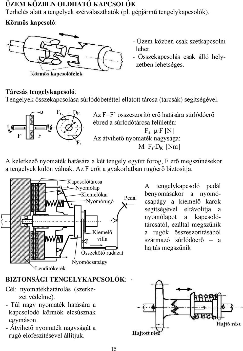 F s D K Az F=F összeszorító er hatására súrlódóer F F F s ébred a súrlódótárcsa felületén: F s = F [N] Az átvihet nyomaték nagysága: M=F s D K [Nm] A keletkez nyomaték hatására a két tengely együtt