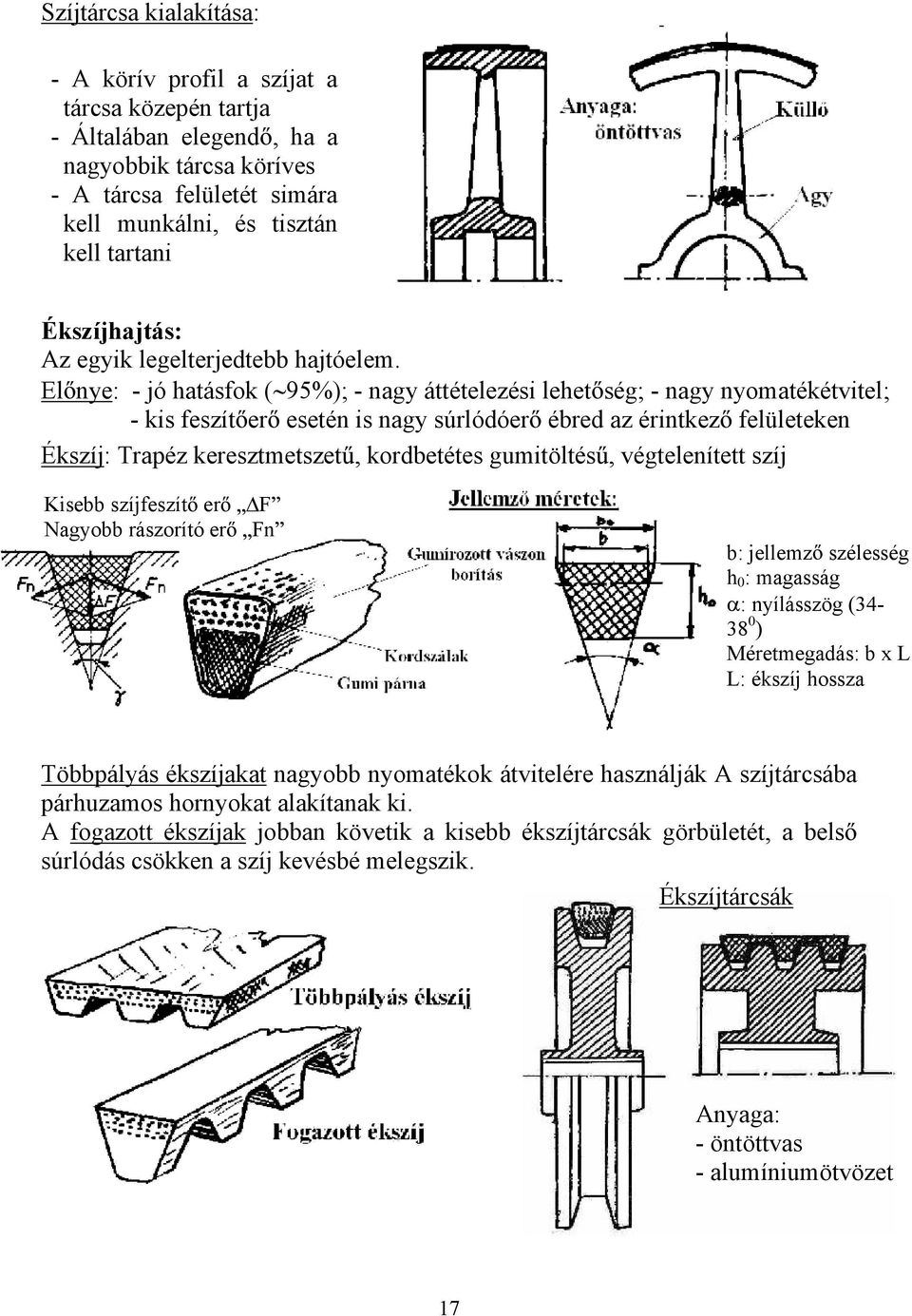 El nye: - jó hatásfok ( 95%); - nagy áttételezési lehet ség; - nagy nyomatékétvitel; - kis feszít er esetén is nagy súrlódóer ébred az érintkez felületeken Ékszíj: Trapéz keresztmetszet, kordbetétes