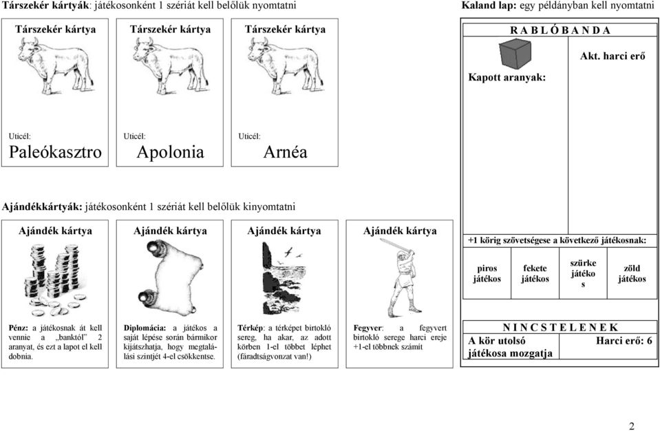 kártya + körig szövetségese a következő játékosnak: piros játékos fekete játékos szürke játéko s zöld játékos Pénz: a játékosnak át kell vennie a banktól 2 aranyat, és ezt a lapot el kell dobnia.