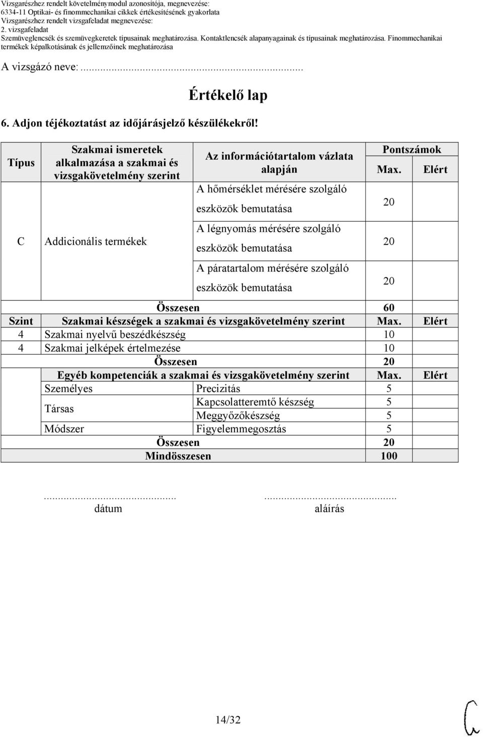 légnyomás mérésére szolgáló eszközök bemutatása A páratartalom mérésére szolgáló eszközök bemutatása Pontszámok Max.