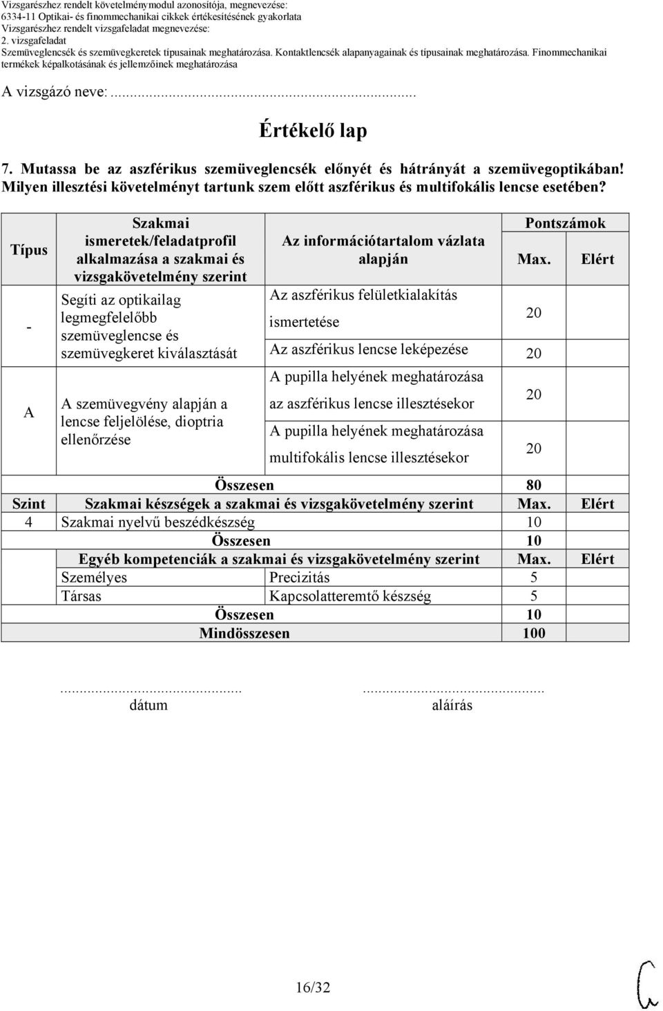 Típus - A Szakmai ismeretek/feladatprofil alkalmazása a szakmai és vizsgakövetelmény szerint Segíti az optikailag legmegfelelőbb szemüveglencse és szemüvegkeret kiválasztását A szemüvegvény alapján a