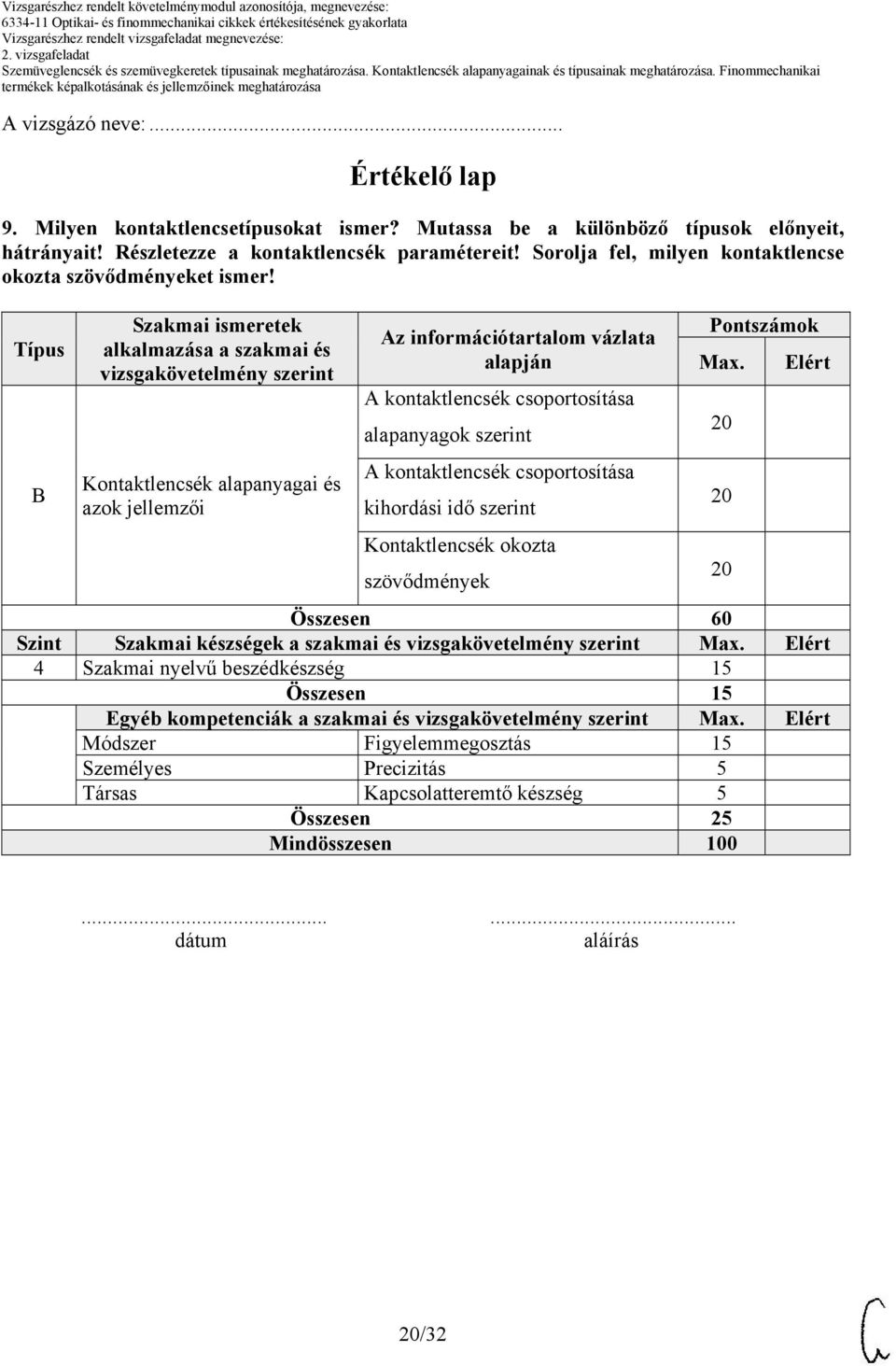 Típus B Szakmai ismeretek alkalmazása a szakmai és vizsgakövetelmény szerint Kontaktlencsék alapanyagai és azok jellemzői Az információtartalom vázlata alapján A kontaktlencsék csoportosítása