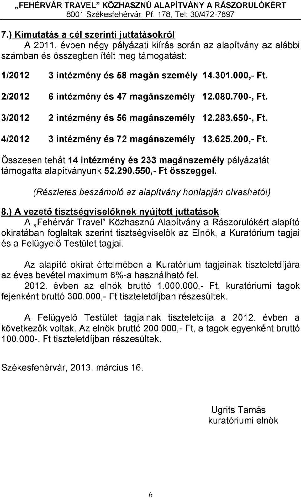 Összesen tehát 14 intézmény és 233 magánszemély pályázatát támogatta alapítványunk 52.290.550,- Ft összeggel. (Részletes beszámoló az alapítvány honlapján olvasható!) 8.