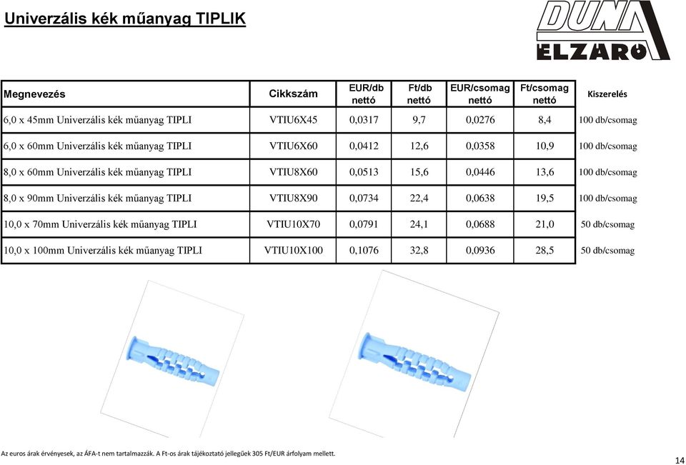 0,0446 13,6 100 db/csomag 8,0 x 90mm Univerzális kék műanyag TIPLI VTIU8X90 0,0734 22,4 0,0638 19,5 100 db/csomag 10,0 x 70mm Univerzális kék