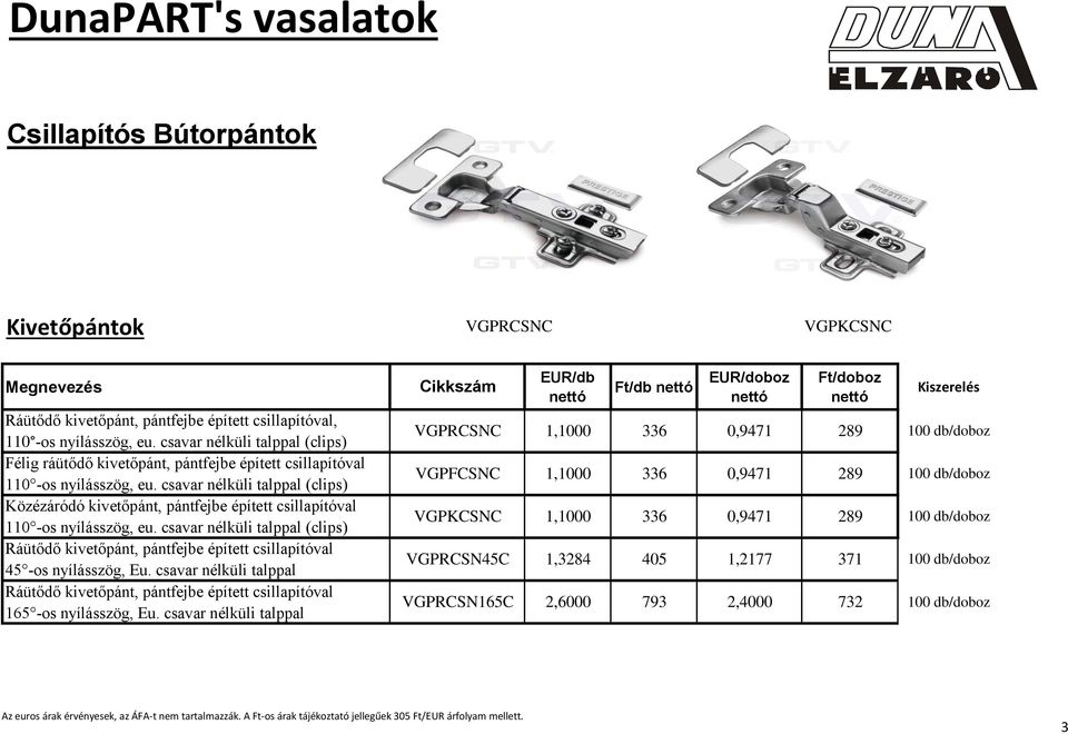 csavar nélküli talppal (clips) Közézáródó kivetőpánt, pántfejbe épített csillapítóval 110 -os nyílásszög, eu.