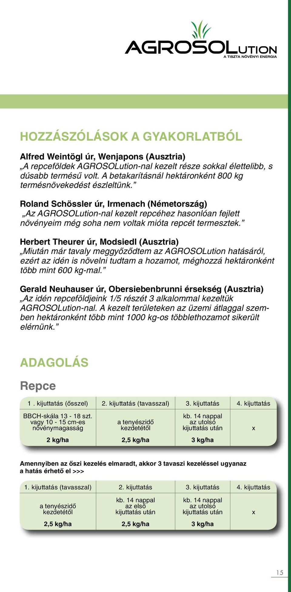 Roland Schössler úr, Irmenach (Németország) Az AGROSOLution-nal kezelt repcéhez hasonlóan fejlett növényeim még soha nem voltak mióta repcét termesztek.