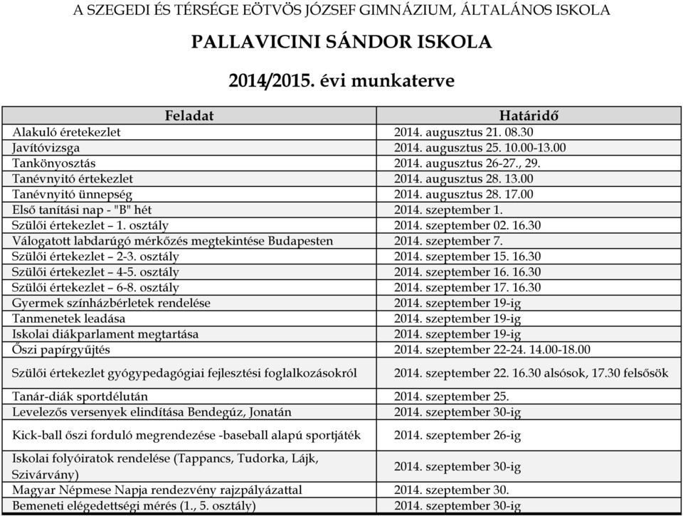 szeptember 1. Szülői értekezlet 1. osztály 2014. szeptember 02. 16.30 Válogatott labdarúgó mérkőzés megtekintése Budapesten 2014. szeptember 7. Szülői értekezlet 2-3. osztály 2014. szeptember 15. 16.30 Szülői értekezlet 4-5.