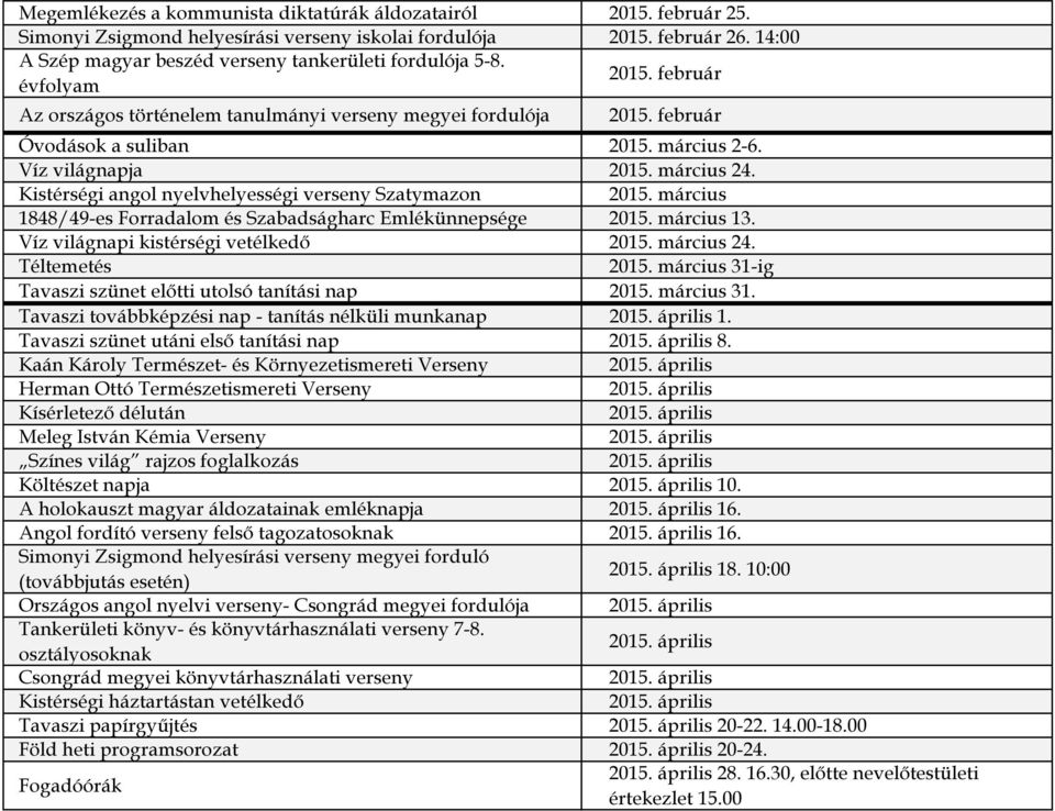 március 1848/49-es Forradalom és Szabadságharc Emlékünnepsége 2015. március 13. Víz világnapi kistérségi vetélkedő 2015. március 24. Téltemetés 2015.