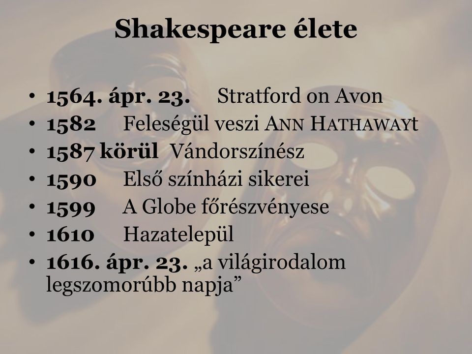 körül Vándorszínész 1590 Első színházi sikerei 1599 A