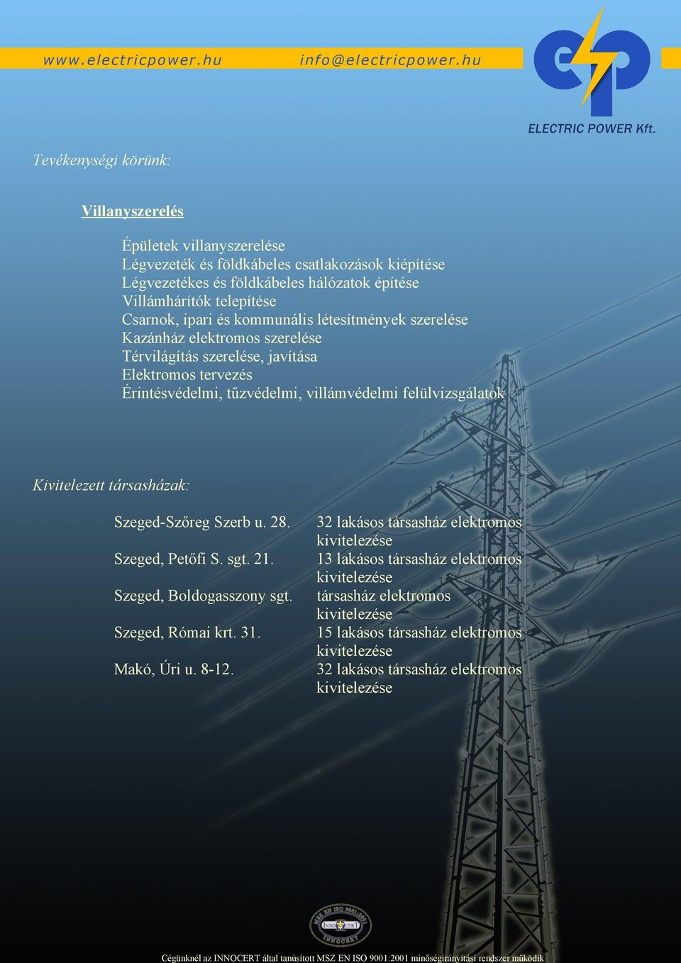 Érintésvédelmi, tűzvédelmi, villámvédelmi felülvizsgálatok Kivitelezett társasházak: Szeged-Szőreg Szerb u. 28. Szeged, Petőfi S. sgt. 21. Szeged, Boldogasszony sgt.