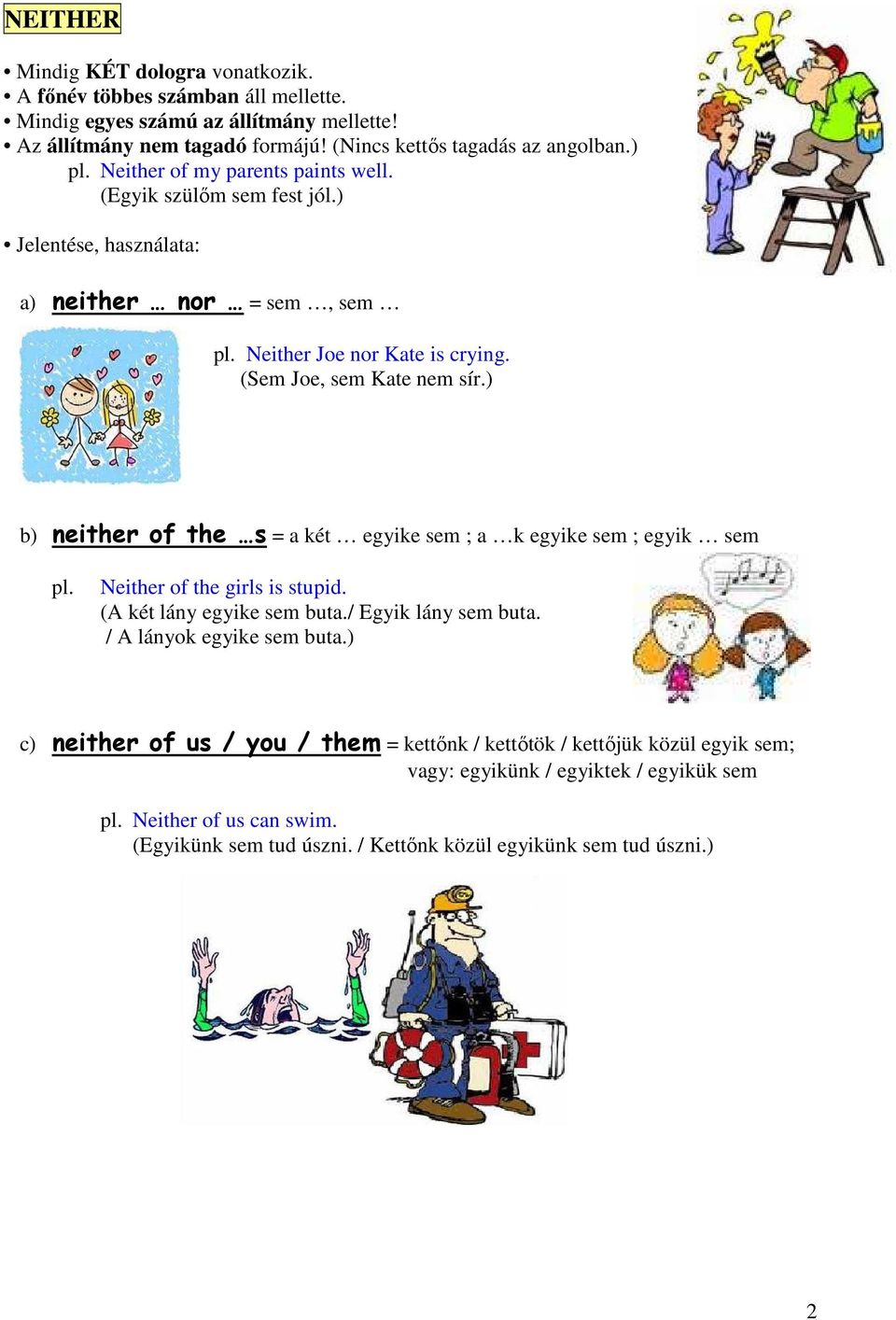 ) b) neither of the s = a két egyike sem ; a k egyike sem ; egyik sem pl. Neither of the girls is stupid. (A két lány egyike sem buta./ Egyik lány sem buta.