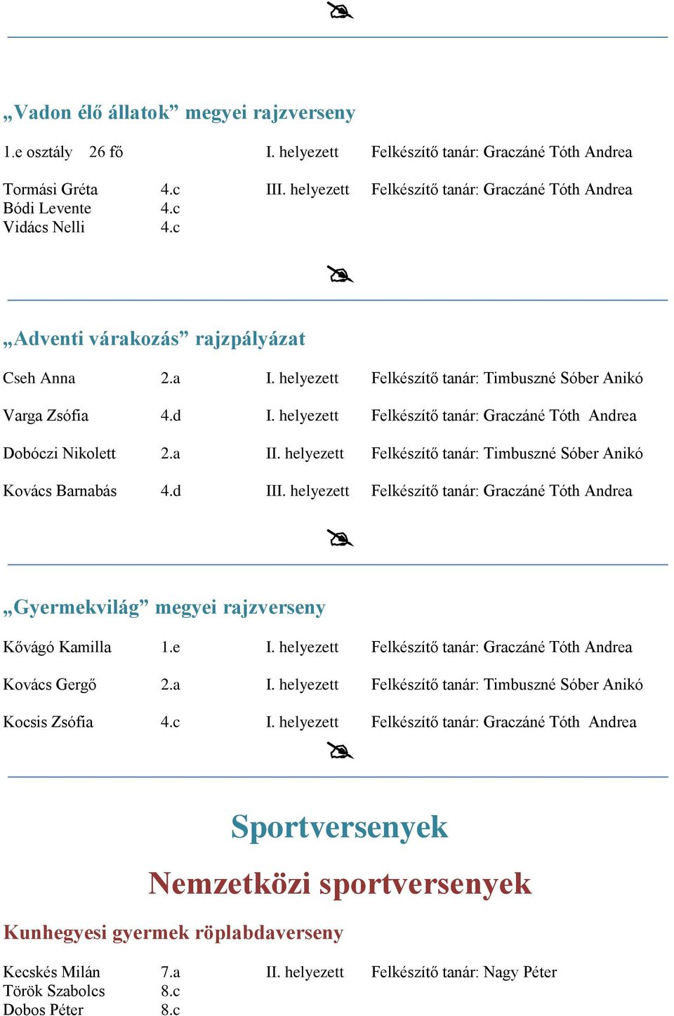 helyezett Felkészítő tanár: Graczáné Tóth Andrea Dobóczi Nikolett 2.a II. helyezett Felkészítő tanár: Timbuszné Sóber Anikó Kovács Barnabás 4.d III.