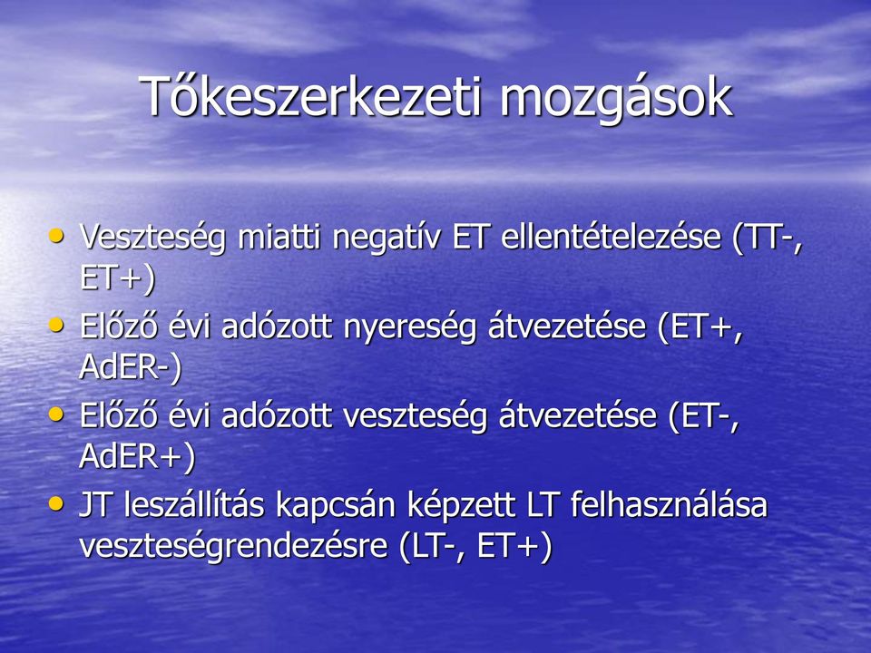 (ET+, AdER-) Előző évi adózott veszteség átvezetése (ET-, AdER+)