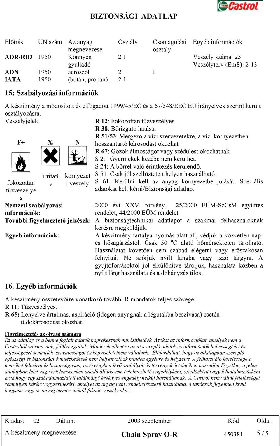 1 15: Szabályozási információk A készítmény a módosított és elfogadott 1999/45/EC és a 67/548/EEC EU irányelvek szerint került osztályozásra.